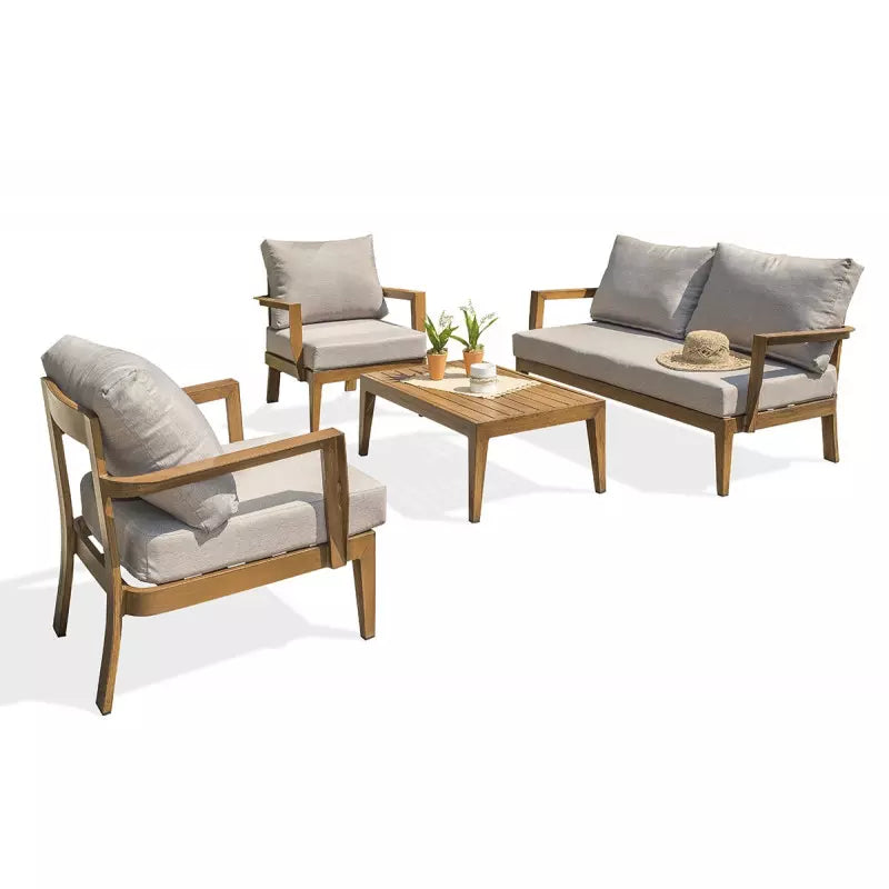 Low designer garden furniture in imitation wood 4-seater aluminum